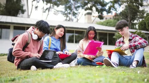 Eine Teamarbeit von vier Schülern im Teenageralter, die die Hausaufgaben der High School erledigen und die Lektion lernen