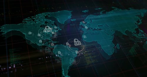 Cyber security with padlock symbol on world map
