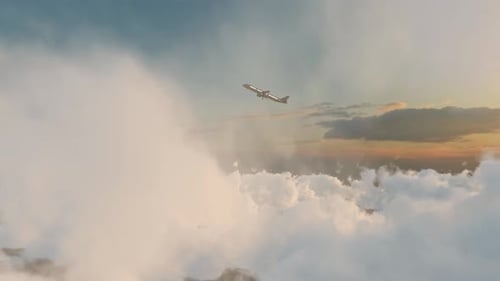 The plane takes off through the clouds