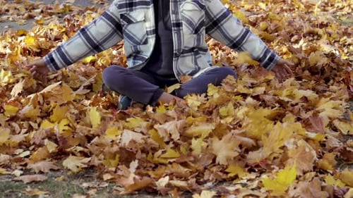 Person Sitting Surrounded by Golden Autumn Leaves