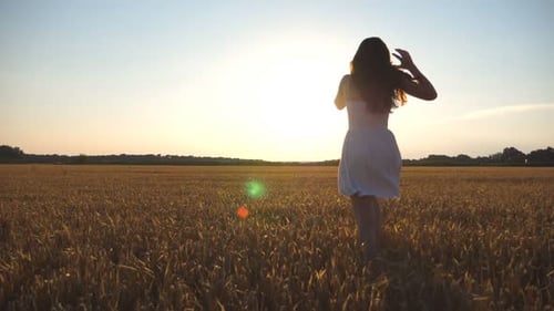 Beautiful Girl is Running Along Wheat Field at Sunset Young Woman Jogging at the Meadow and Enjoing