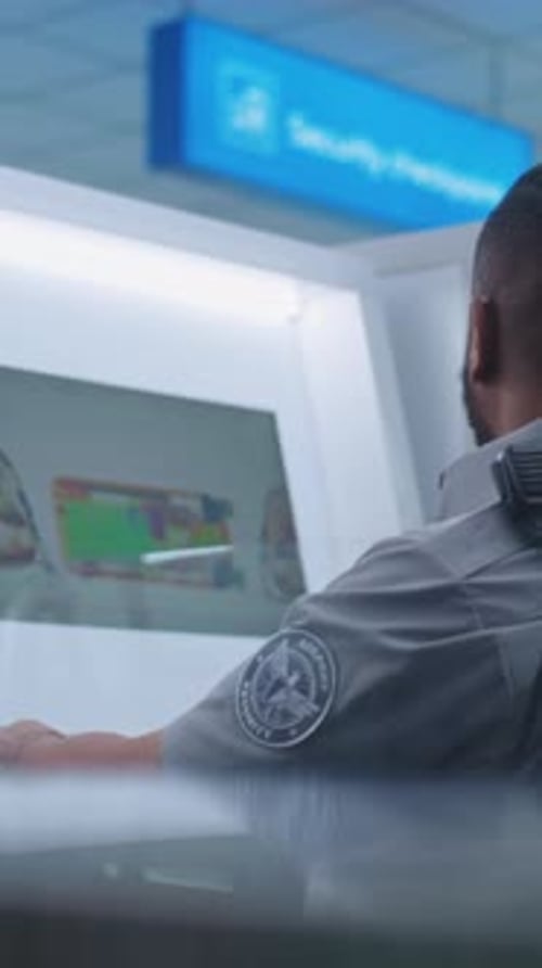Airport Terminal Security Officer Monitors Baggage Xray Scanning on Computer Screens