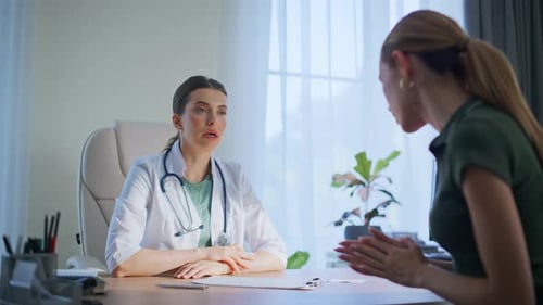 Woman Patient Talking Doctor in Clinic Therapist Consulting Polyclinic Visitor