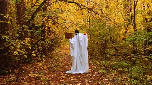 Man Dancing Wearing Ghost Costume Holding Cardboard with Text TAKE ME TO HALLOWEEN and Pumpkin