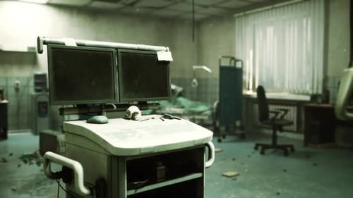 Abandoned Hospital Interior Featuring Deserted Medical Equipment and Rubble