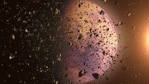 Camera inside asteroid field Heading Planet Mars