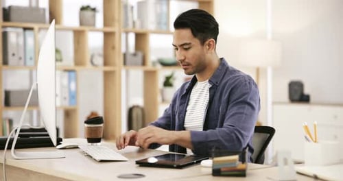 Email, businessman at desk with computer and tablet writing online article