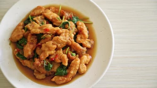 Close Up of Fried Meal with Basil and Chili