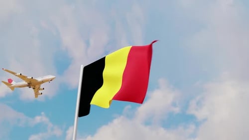 Belgian Flag Waving with Airplane Flying in the Sky