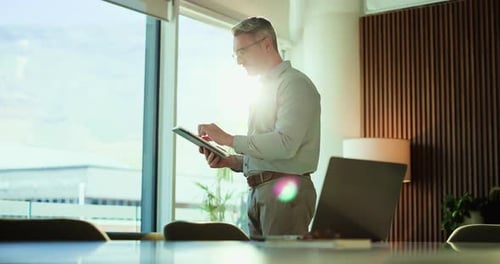 Businessman, scroll or thinking in office with tablet for finance report, budget review or research