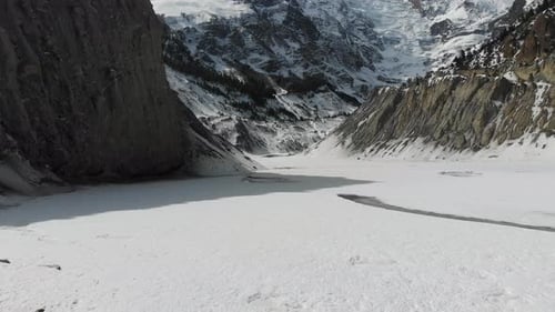 Drone slider shot of Gangapurna Glacial lake below Annapurna in Manang, Nepal