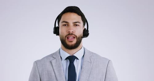 Call center, business man and face with telemarketing consulting and advice for customer support