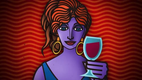 female sommelier in pop art poster smelling a glass of red wine