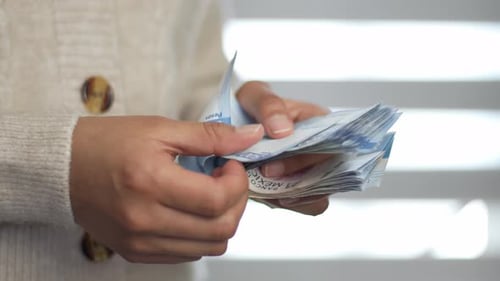 Mulher latina conta seu dinheiro em câmera lenta