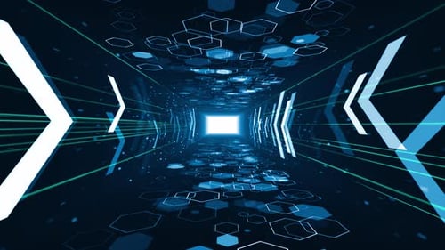 Futuristic Hexagon Tunnel Cybernetic Data Corridor Technology Particles Digital Background Loop