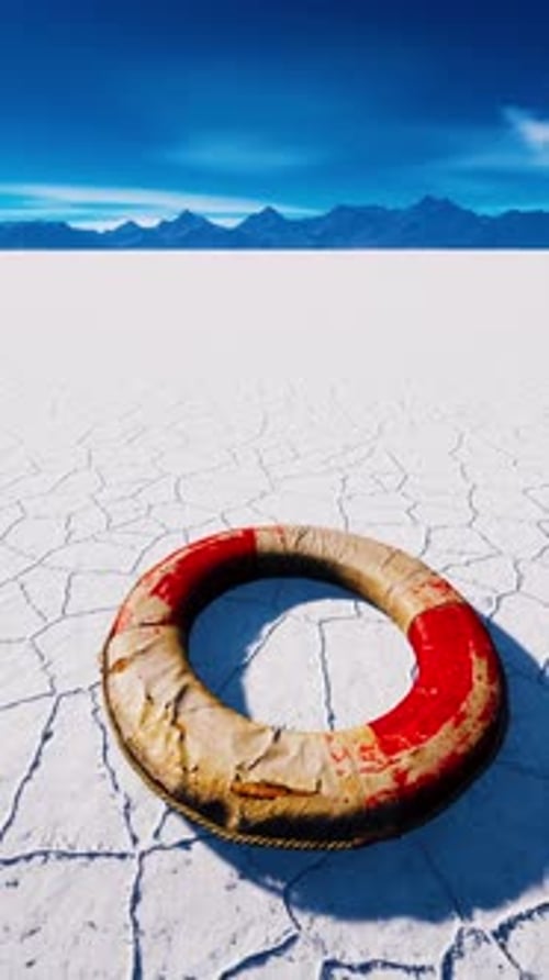 Distressed Lifebuoy on Arid Salt Flats Landscape