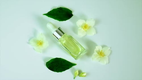 Essential Oil Bottle Surrounded by Flowers and Leaves