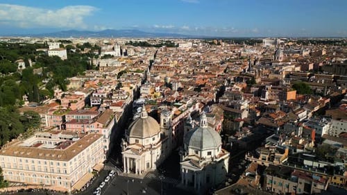 Amazing Aerial View Above Piazza del Popolo. Famous Dome Twin Cathedrals