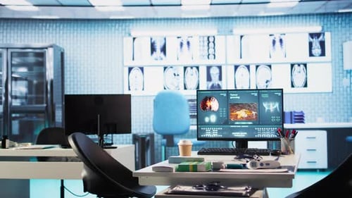 Empty Medical Cabinet at the Clinic with a Computer and Diagnostic Tools