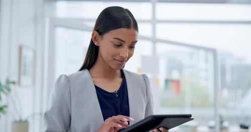 Tablet, business woman and networking with office for data analytics and research for company