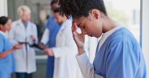 Health, doctor and woman with stress, healthcare and headache in hospital