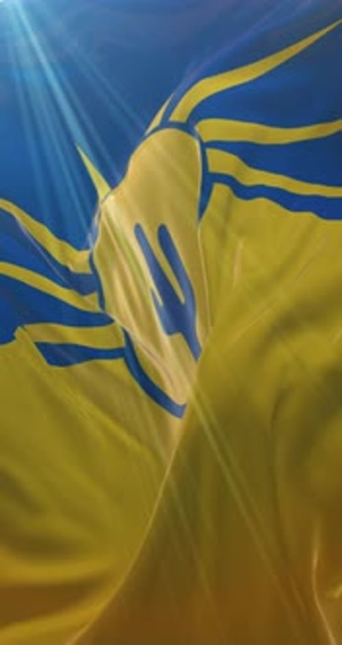 Waving Blue and Yellow Flag with Fluid Sun Rays