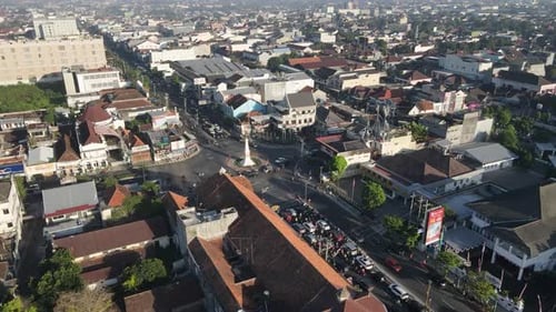 Aerial view of downtown Yogyakarta, you can see the icons of the Yogyakarta monument, buildings,