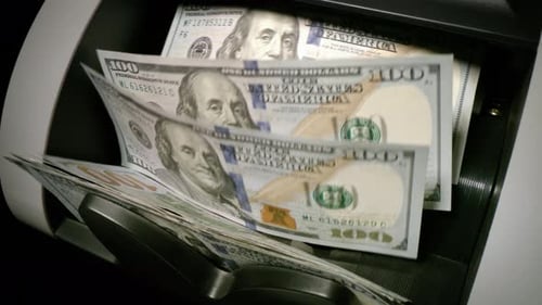 Money counting machine. Slow Motion.