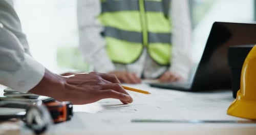 Hands, architect and blueprint with team for sketch in office, design and paper at construction