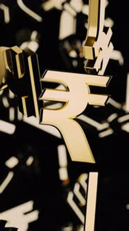 Falling Gold Rupee Symbols on a Black Background with Bokeh in Portrait