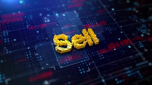 Futuristic Pixelated Sell Text Animation on Digital Circuit Board