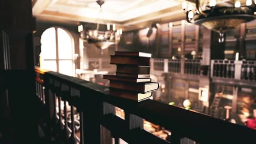 Stacked Books on a Railing in an Old Library Filled with Charm and History