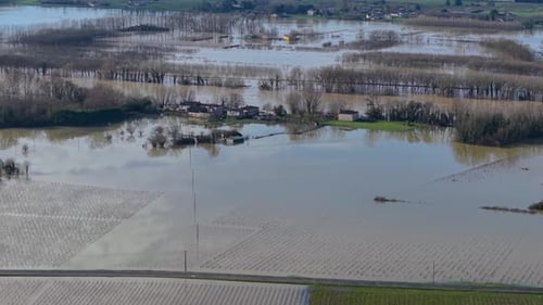 Aerial view of floodwaters engulfing fields, Sainte-Croix-du-Mont, France.