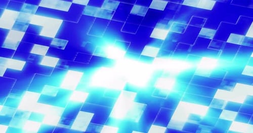 Abstract background of blue glowing shiny digital high-tech swirling squares and rectangles. Screens