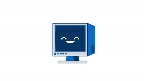 Lächelnder Computer-CRT-Monitor mit 2D-Cartoon-Objektanimation mit Pixelgesicht