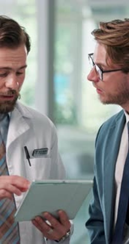 Collaboration, healthcare or tablet with administrator and doctor in hospital together for report