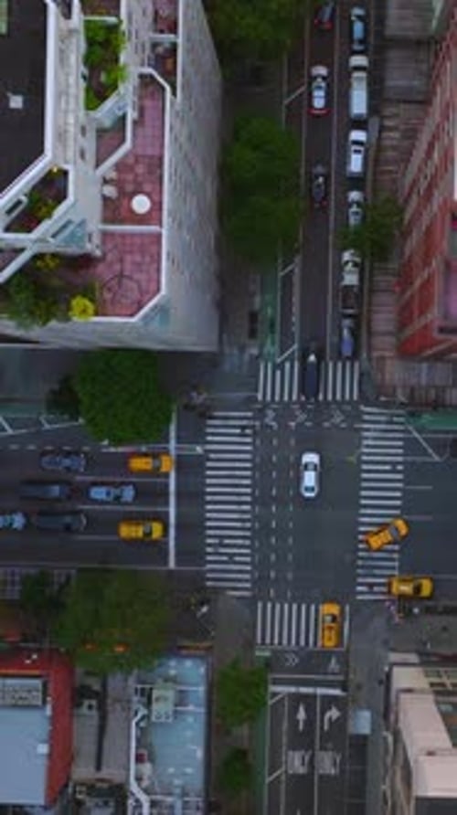 Cars and people crossing the crossroads of busy street. Numerous yellow taxis among the transport