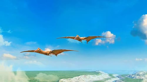 Two Pterodactyls Flying Gracefully Across a Blue Sky