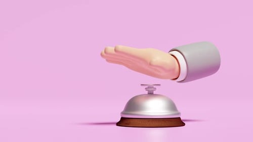 Cartoon Hand Above Service Bell on Pink Background