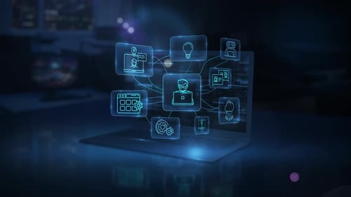 Futuristic Laptop with Dynamic Interconnected Technology Network Animation