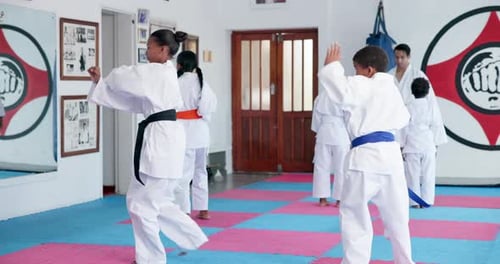 Kids Practice Karate with their Instructor in Studio