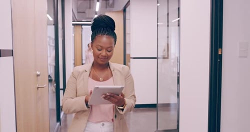 Business office management and black woman on tablet for email communication
