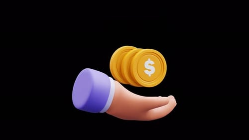 3D Hand Holding Gold Coins 4K Seamless Loop Animation