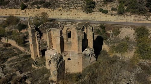 Aerial view of ruins of the abbey of Santa Maria de Vallsanta , Lleida
