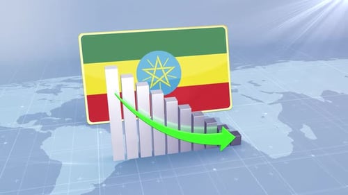 Ethiopia Flag With Decrease Bar Chart Graph And Arrow Green
