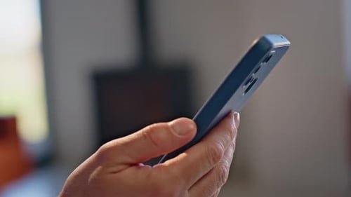 Closeup Hands Typing Smartphone Screen in Office Unrecognizable Man Browsing