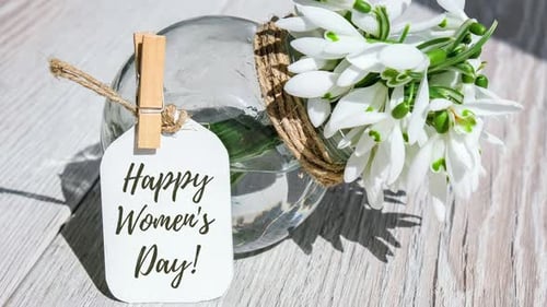 Zoom in Out Happy Womens Day Lettering Greeting Card Spring Flowers Snowdrop Beautiful Tender