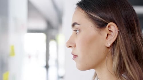 Thinking, woman and employee profile in a office with corporate planning and project focus