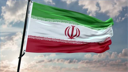 Waving Iran Flag on a Cloudy Sunny Sky Background