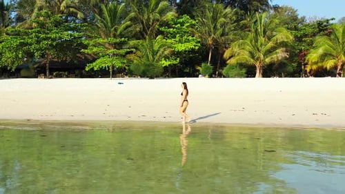 Young woman in bikini walking on white sandy beach washed by calm clear water of sea reflecting palm